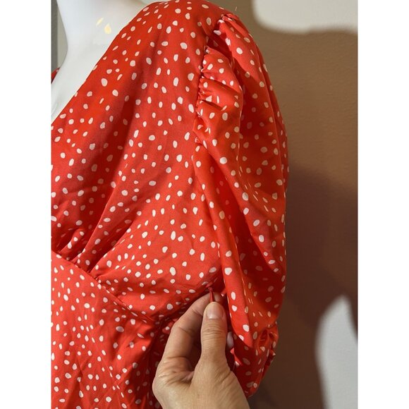 asos Women’s Top Blouse Size 6 Red V Neck Short Puff Sleeves Zipper - Picture 9 of 11